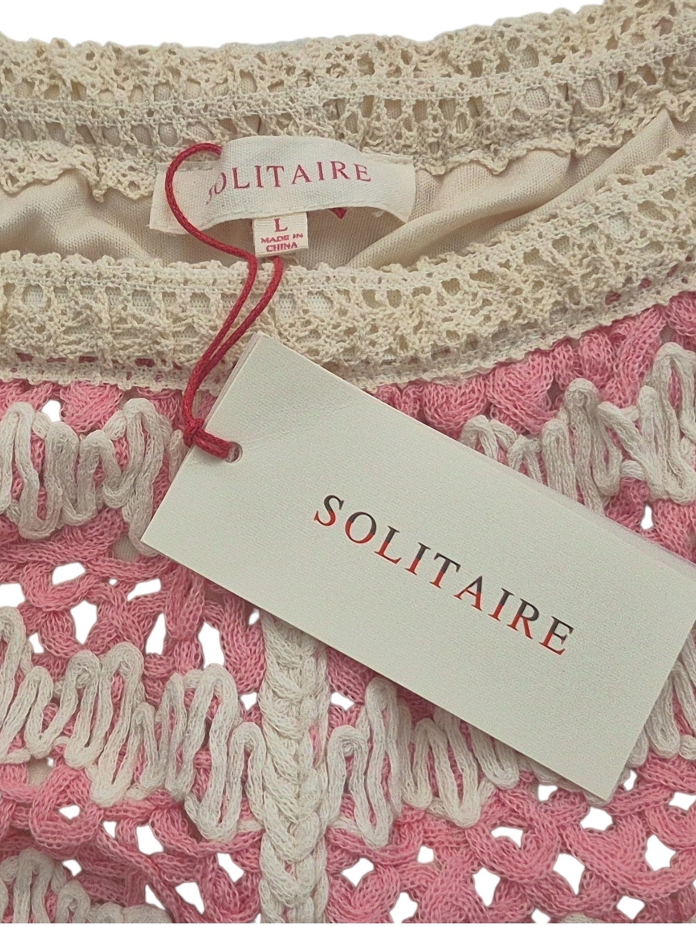 Solitaire Pink Cream Crochet Knit Cardi & Shorts Set Boho Beach Sz L - Picture 7 of 8